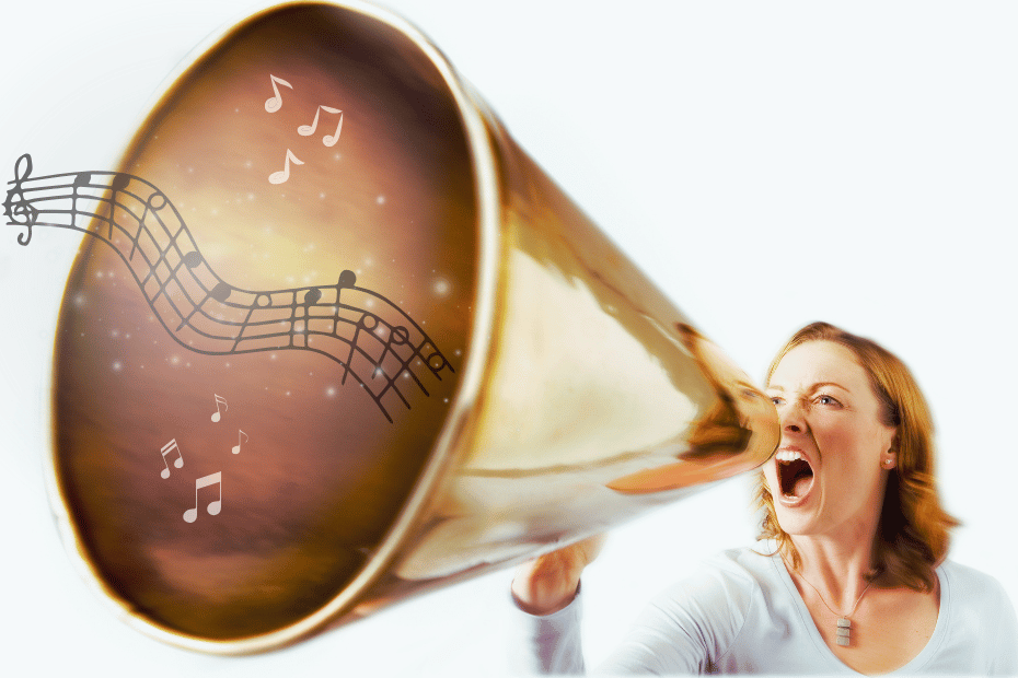 Business woman using a loudhailer to amplify her message, representing music strategies for online business branding