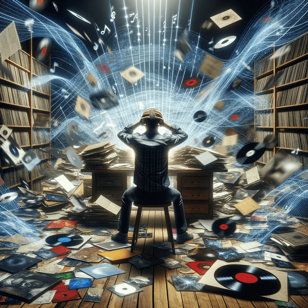 the paradox of choice, a man overwhelmed by too much music