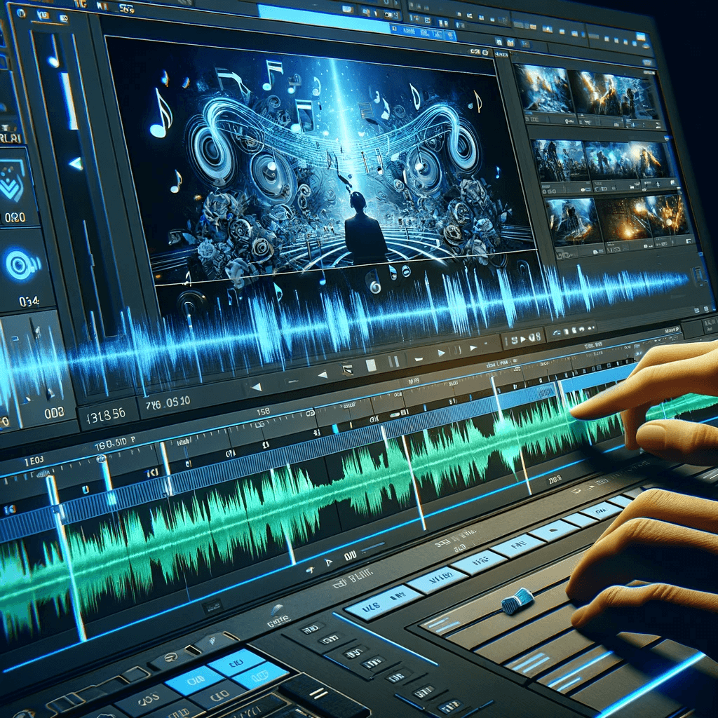 A music editing interface showing video clips being synced with music