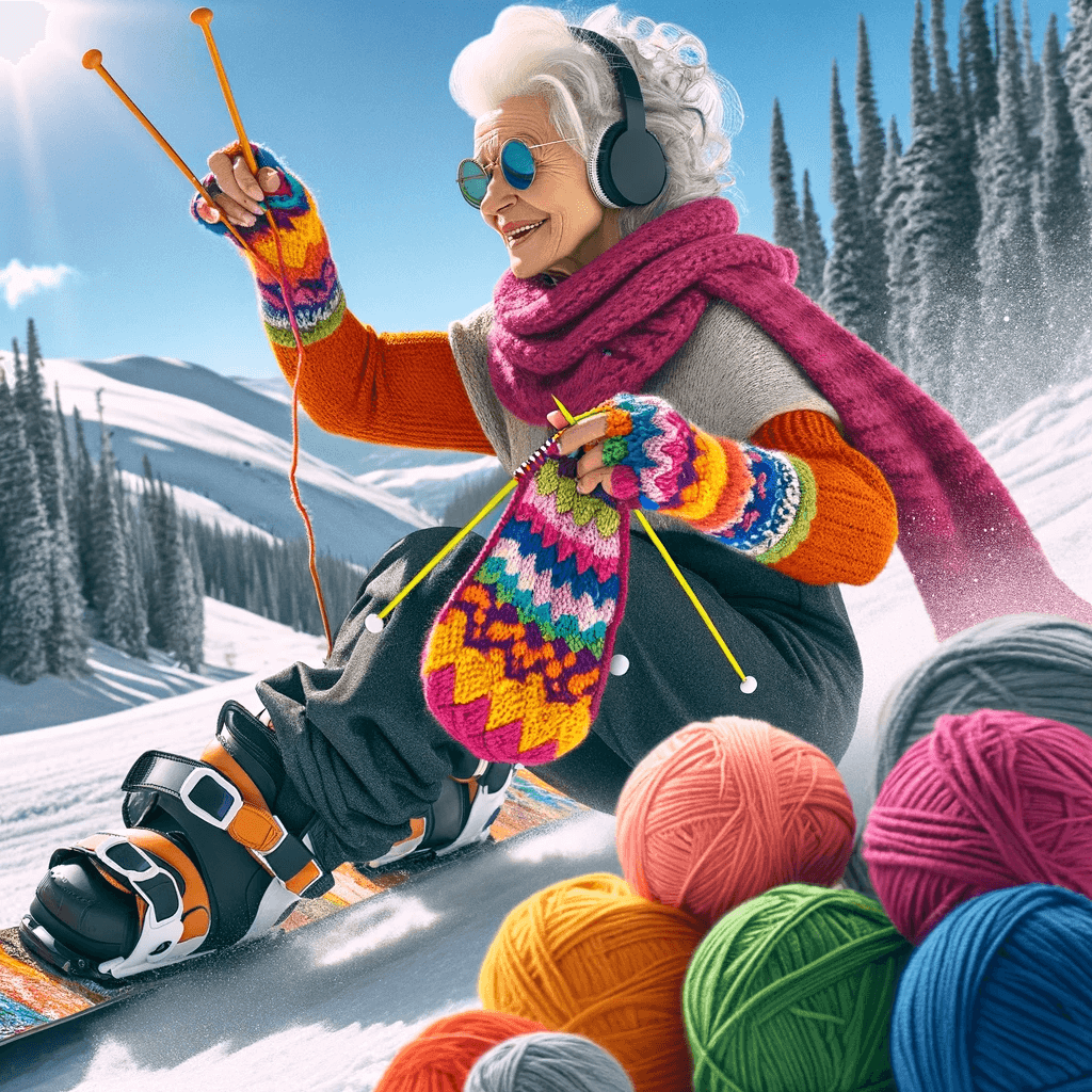 elderly woman knitting while snowboarding