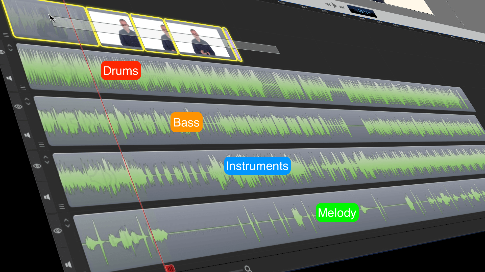 video editor software timeline showing music stem files to create a soundtrack arrangement