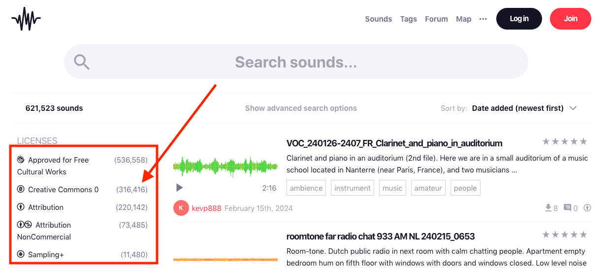 Freesound license filter